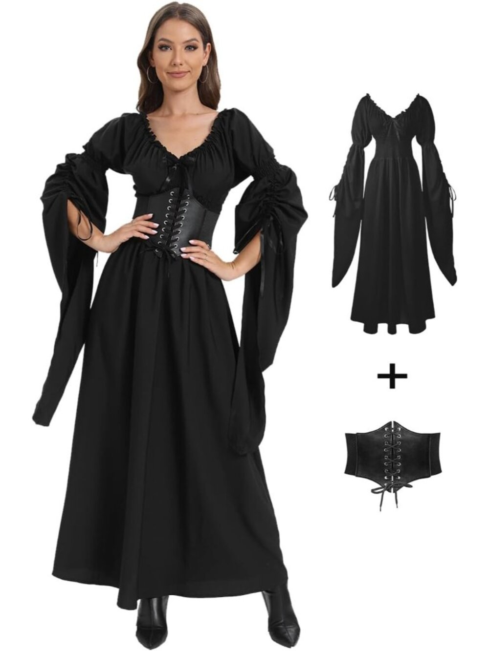 🎃 Women Black Renaissance Witch Dress Peasant Gothic Fairy Halloween Costumes - Picture 1 of 4